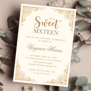 Gold Ornate Border Cream Sweet Sixteen 16 Birthday Invitation