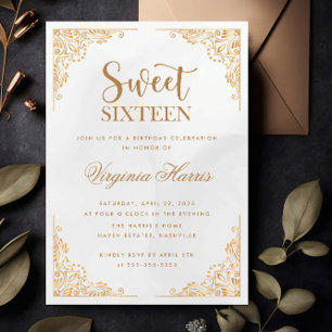 Gold Ornate Border Sweet Sixteen 16 Birthday Invitation