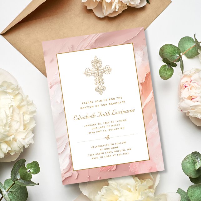 Gold Ornate Cross Peach Pink Girl Baptism Invitation (Creator Uploaded)