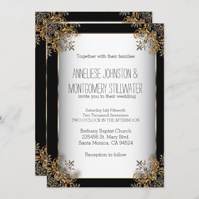 Gold Ornate Design on Black & White Invitation (Front/Back)