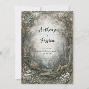 Gold Ornate Enchanted Forest White Winter Wedding Invitation