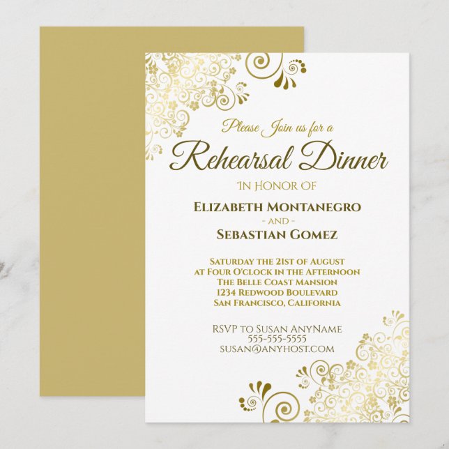 Gold Ornate Filigree Chic Wedding Rehearsal Dinner Invitation (Front/Back)