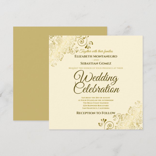 Gold Ornate Filigree Elegant Cream Square Wedding Invitation (Front/Back)
