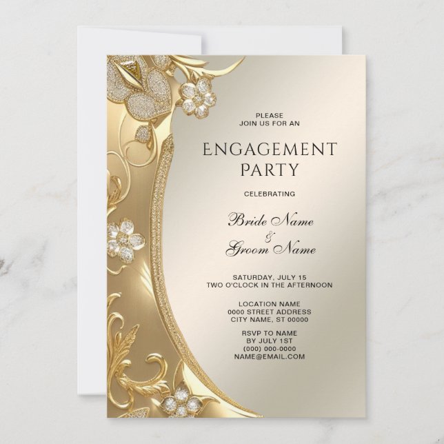 Gold Ornate Floral Engagement Invitation (Front)