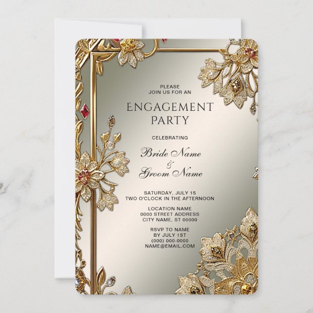 Gold Ornate Floral Frame Engagement Invitation (Front)