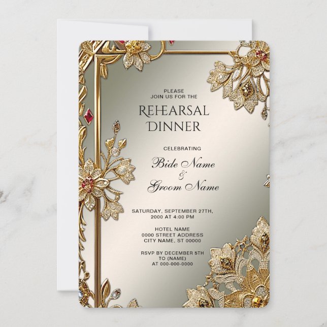 Gold Ornate Floral Frame Rehearsal Dinner Invitation (Front)