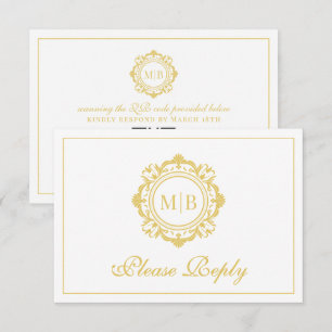 Gold Ornate Floral Monogram Wedding QR RSVP Card
