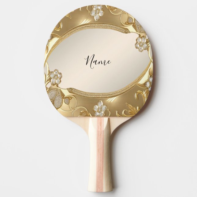 Gold Ornate Floral Ping Pong Paddle (Front)