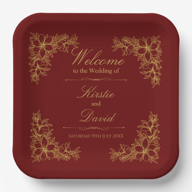 Gold Ornate Floral Wedding Paper Plates (Front)