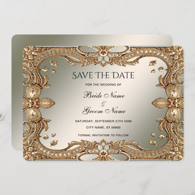 Gold Ornate Frame Save The Date Card (Front/Back)