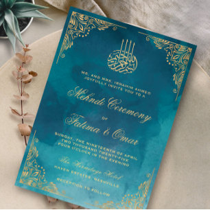 Gold Ornate Green Islamic Muslim Mehndi Ceremony Invitation