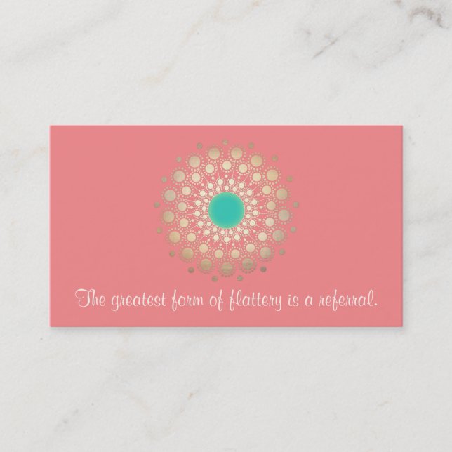 Gold Ornate Leaf Mandala Pink Coral Referral Card (Front)