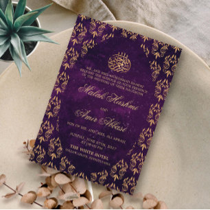 Gold Ornate Pattern Purple Islamic Muslim wedding Invitation
