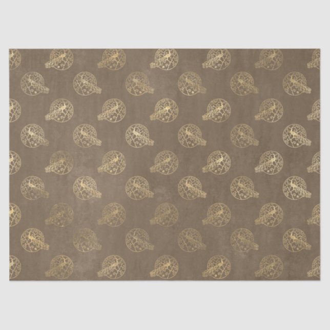 Gold Ornate Peacocks on Brown Decoupage Tissue Paper (Front)