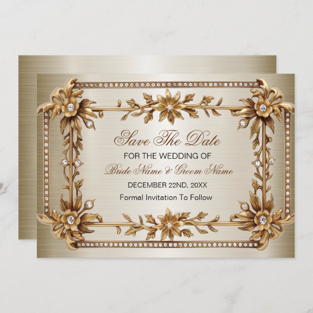Gold Ornate Rectangle Dimond Flowers Shiny Save The Date (Front/Back)