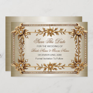 Gold Ornate Rectangle Dimond Flowers Shiny Save The Date