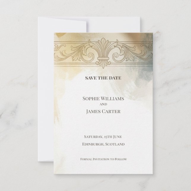 Gold Ornate Save The Date Card (Front)