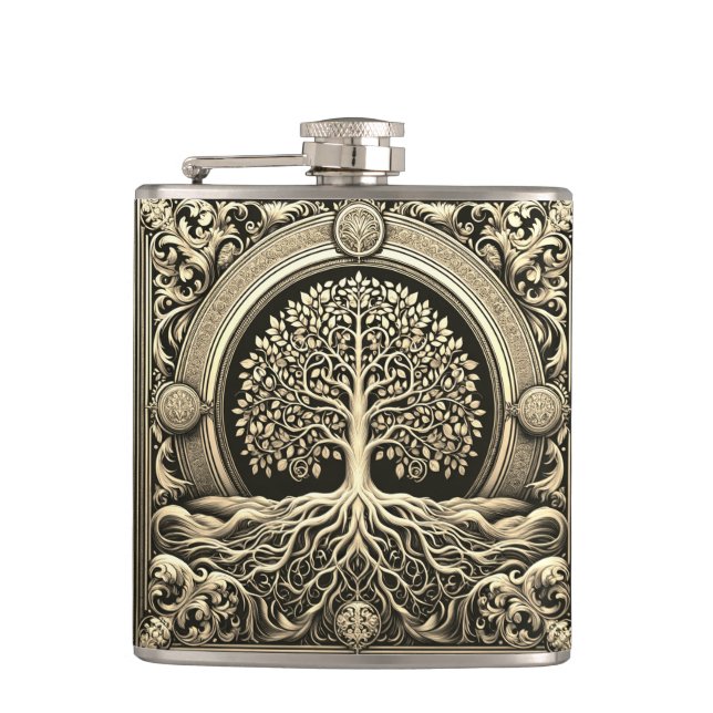 Gold  Ornate Tree of Life Ancient Rustic Hip Flask (Front)