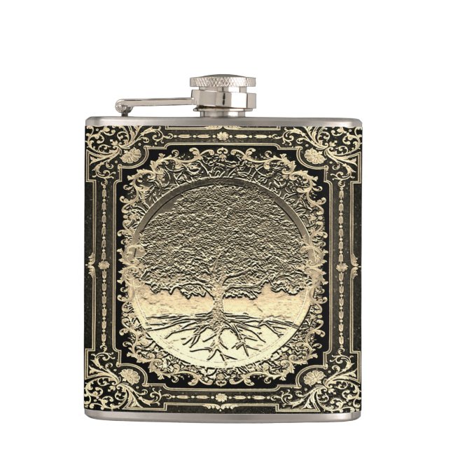 Gold  Ornate Tree of Life Ancient Rustic Hip Flask (Front)
