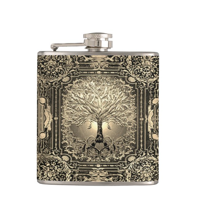 Gold  Ornate Tree of Life Ancient Rustic Hip Flask (Front)