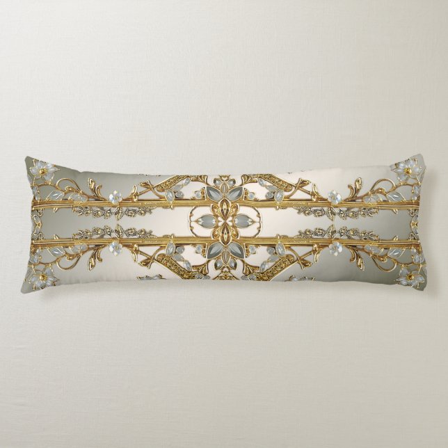 Gold Ornate White Floral Body Pillow (Front)