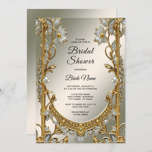 Gold Ornate White Floral Bridal Shower Invitation (Front/Back)