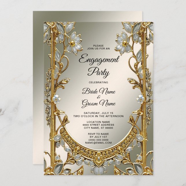 Gold Ornate White Floral Engagement Invitation (Front/Back)