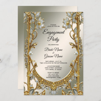 Gold Ornate White Floral Engagement Invitation