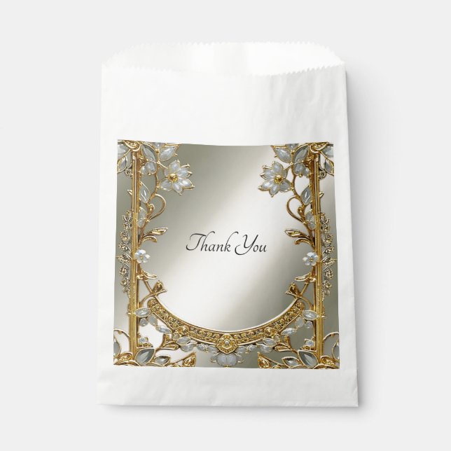Gold Ornate White Floral Favour Bag (Front)