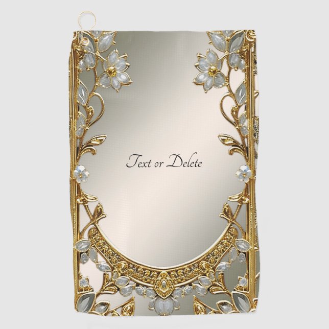 Gold Ornate White Floral Golf Towel (Front)