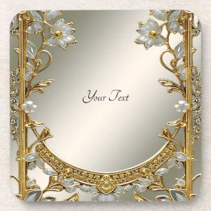 Gold Ornate White Floral Hard Plastic Coaster