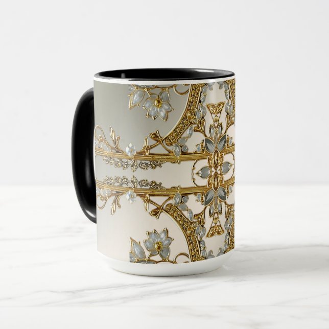 Gold Ornate White Floral Mug (Front Left)