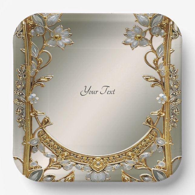 Gold Ornate White Floral Paper Plate (Front)