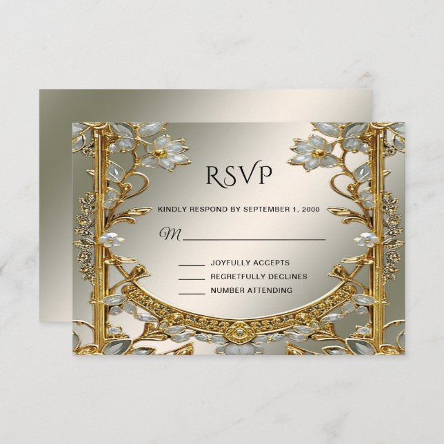 Gold Ornate White Floral RSVP Card (Front/Back)