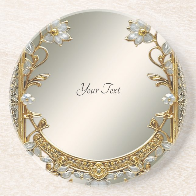 Gold Ornate White Floral Sandstone Coaster (Front)