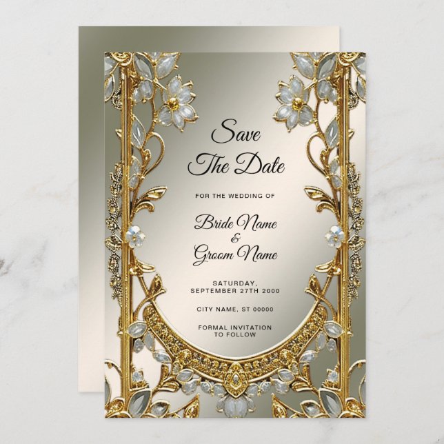 Gold Ornate White Floral Save The Date (Front/Back)