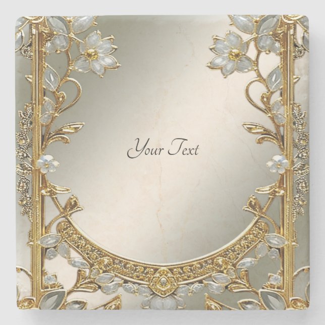 Gold Ornate White Floral Stone Coaster (Front)