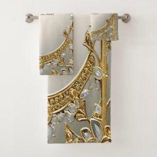 Gold Ornate White Floral Towel Set
