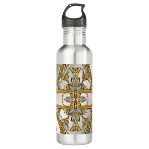Gold Ornate White Floral Water Bottle