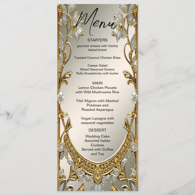 Gold Ornate White Floral Wedding Menu (Front)