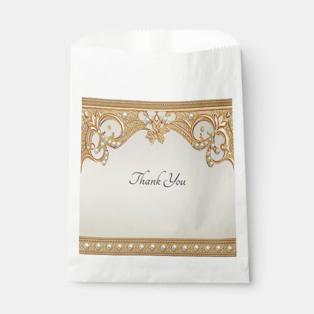 Gold Ornate White Pearls Favour Bag (Front)