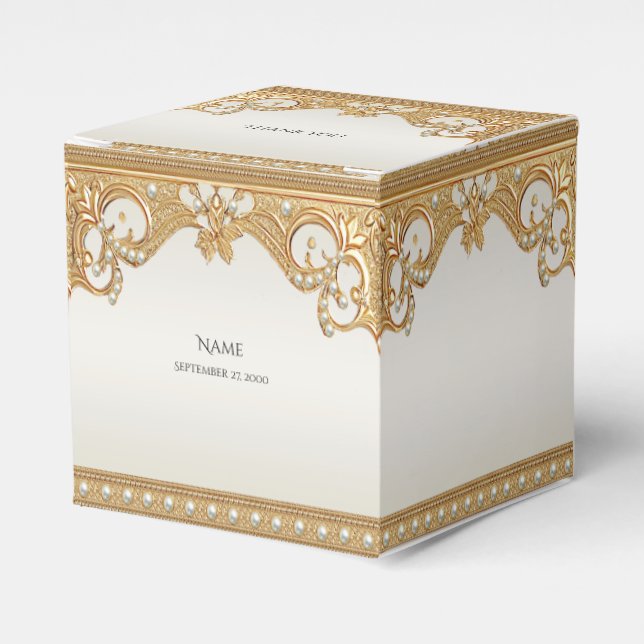 Gold Ornate White Pearls Favour Box (Front Side)