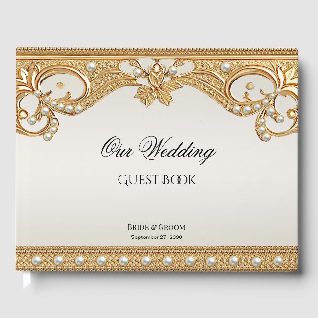 Gold Ornate White Pearls Guest Book (Front)