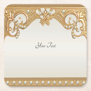 Gold Ornate White Pearls Paper Coaster