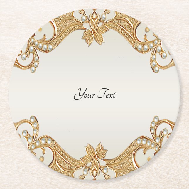 Gold Ornate White Pearls Paper Coaster (Front)