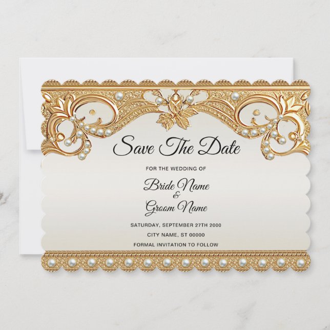 Gold Ornate White Pearls Save The Date Card (Front)