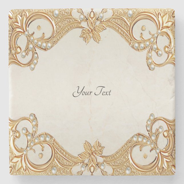 Gold Ornate White Pearls Stone Coaster (Front)