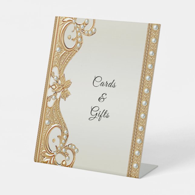 Gold Ornate White Pearls Tabletop Signs (Front)