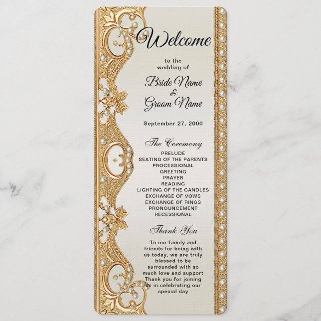 Gold Ornate White Pearls Wedding Program (Front)