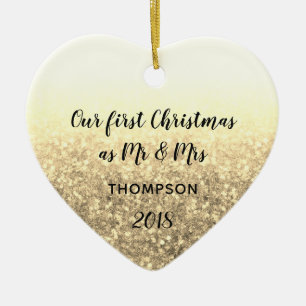 Gold Our First Christmas Mr & Mrs Married Couple Ceramic Ornament